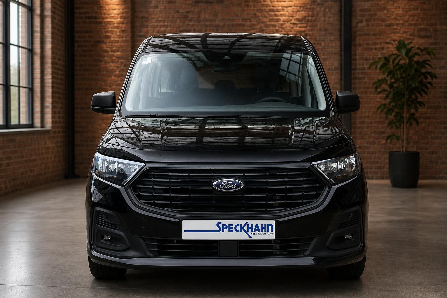 Ford Transit Custom schwarz Frontansicht mit Kennzeichenhalter Speckhahn
