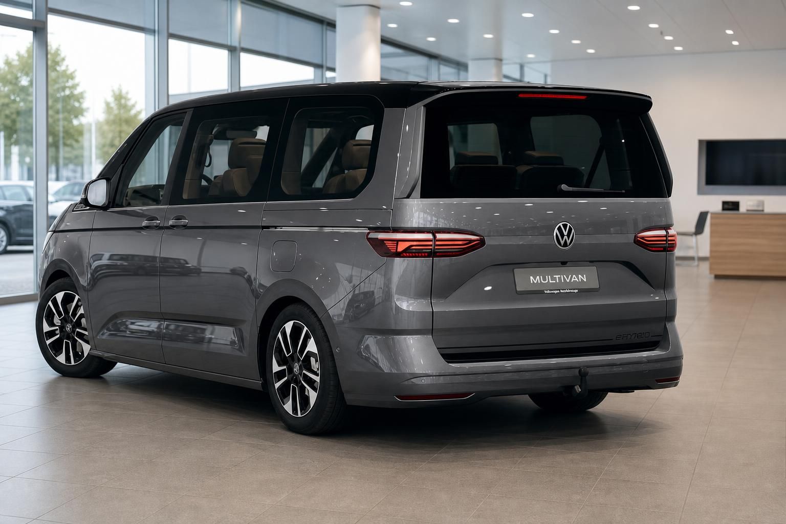 VW Multivan grau Heckansicht im Autohaus Showroom