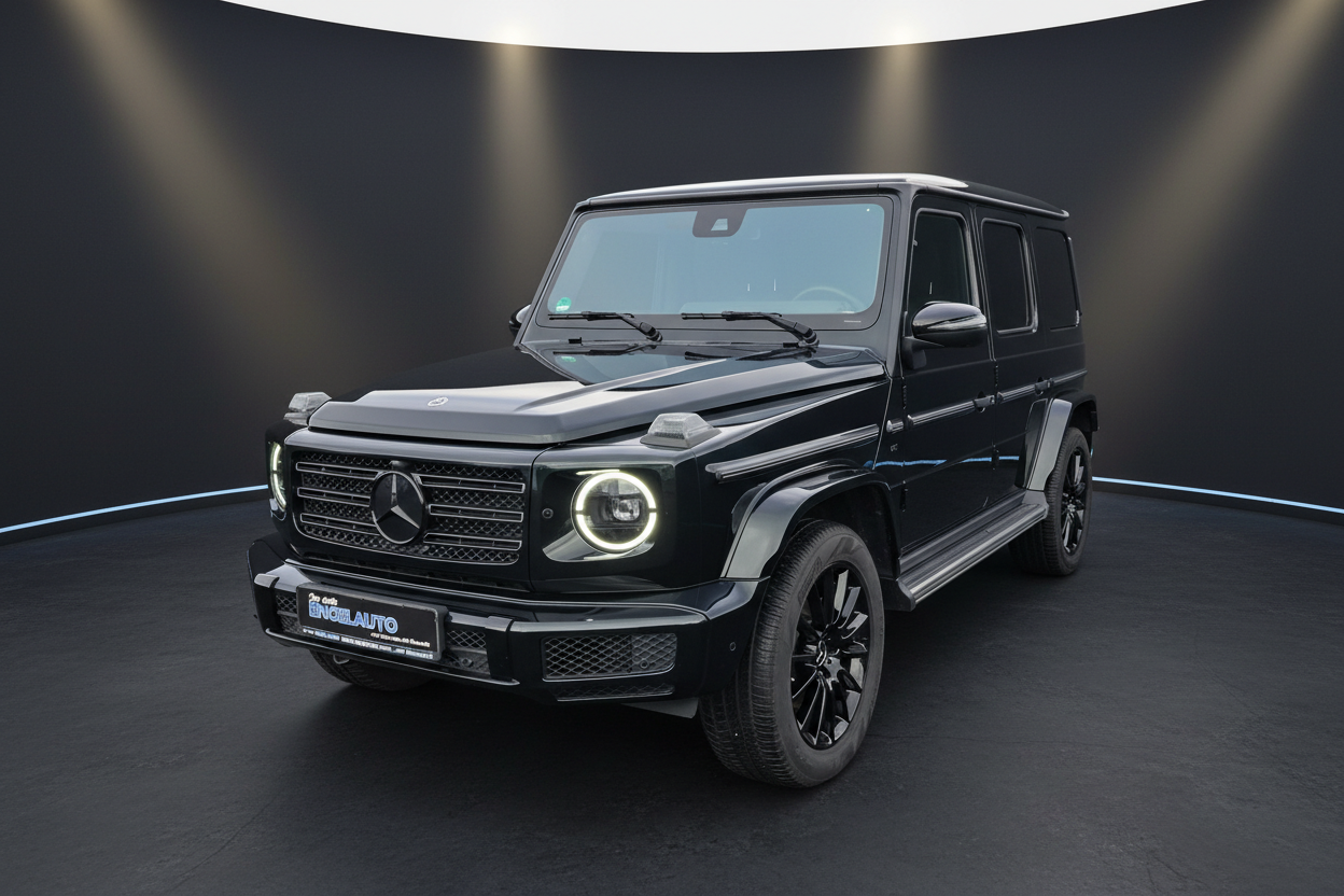 Schwarzer Mercedes-Benz G-Klasse Geländewagen im Studio mit LED-Scheinwerfern und schwarzen Felgen