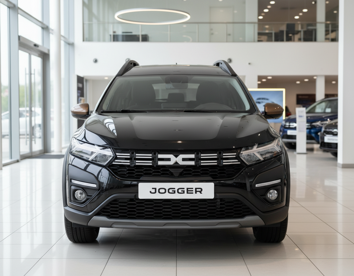 Schwarzer Dacia Jogger Frontansicht im Autohaus Showroom mit neuem DC-Logo