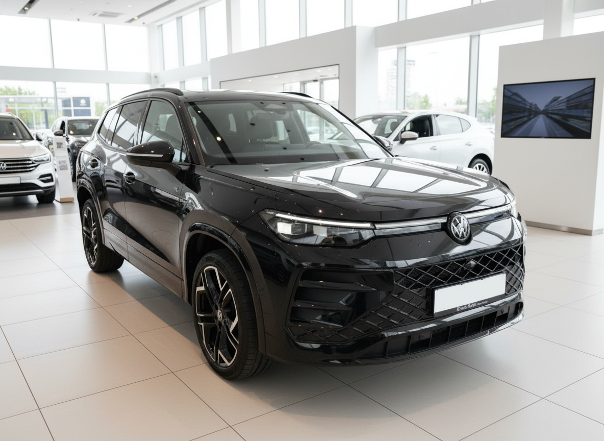 Schwarzer Volkswagen SUV in Fahrzeugausstellung – Frontansicht im Autohaus