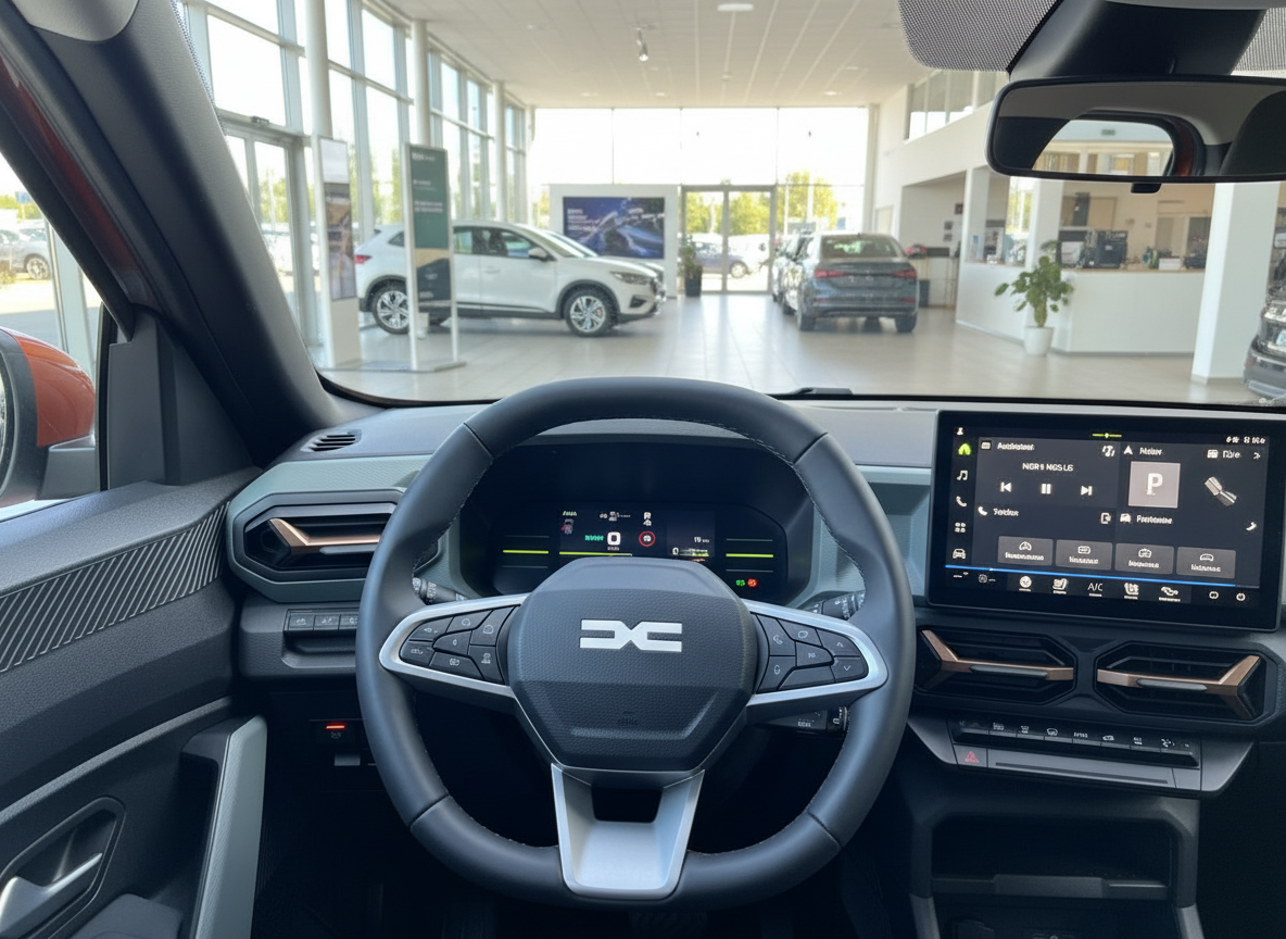 Dacia Innenraum mit Lenkrad, digitalem Cockpit und Touchscreen-Infotainmentsystem im Autohaus