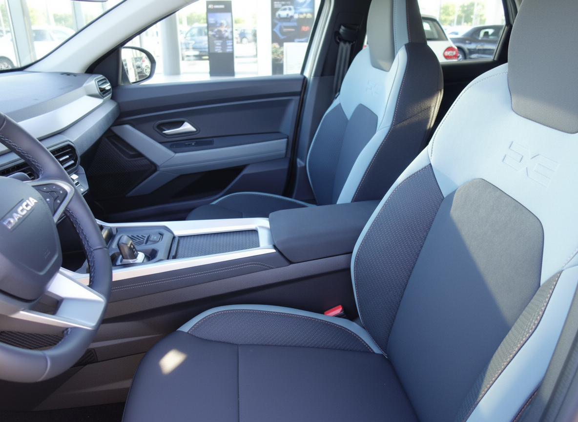Dacia Innenraum Vordersitze mit blau-grauem Stoffbezug und Mittelkonsole