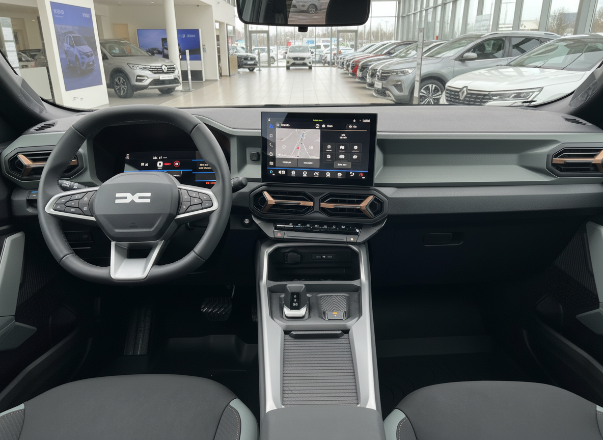 Dacia Innenraum mit Infotainment-Touchscreen, Lederlenkrad und modernem Cockpit im Autohaus