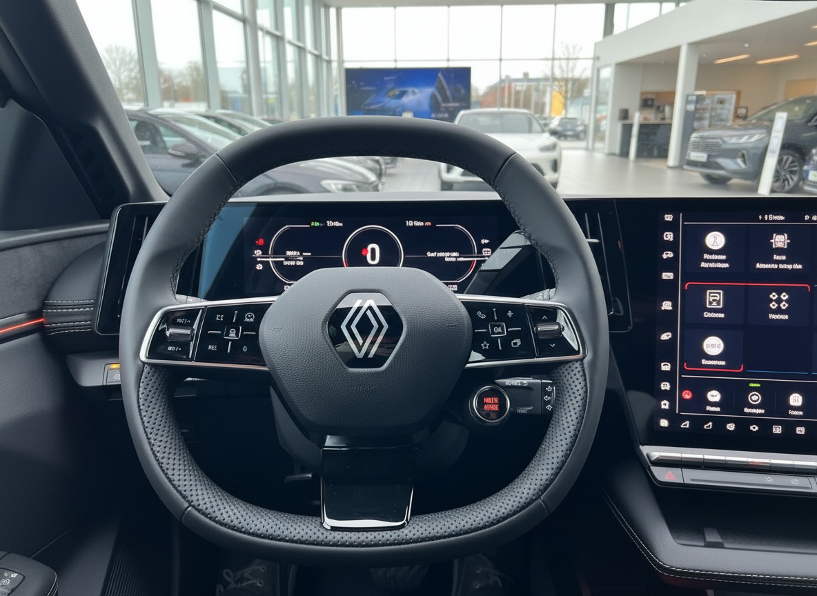 Renault Innenraum mit Lenkrad, digitalem Cockpit und Touchscreen-Infotainment im Autohaus