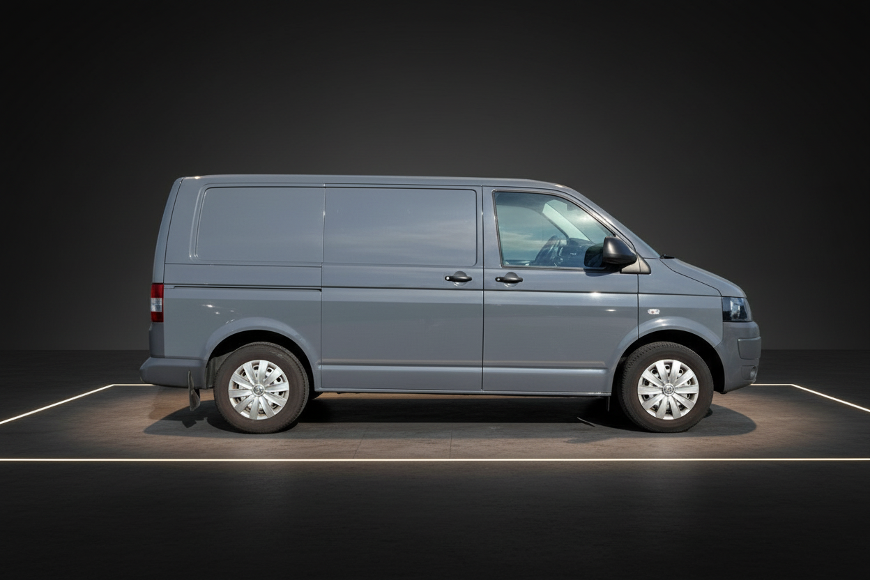 Volkswagen Transporter T5 Kastenwagen in Grau – Seitenansicht auf dunklem Hintergrund
