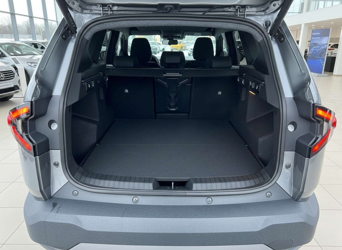 Grauer SUV Kofferraum geöffnet – großer Laderaum mit umgeklappten Rücksitzen im Autohaus