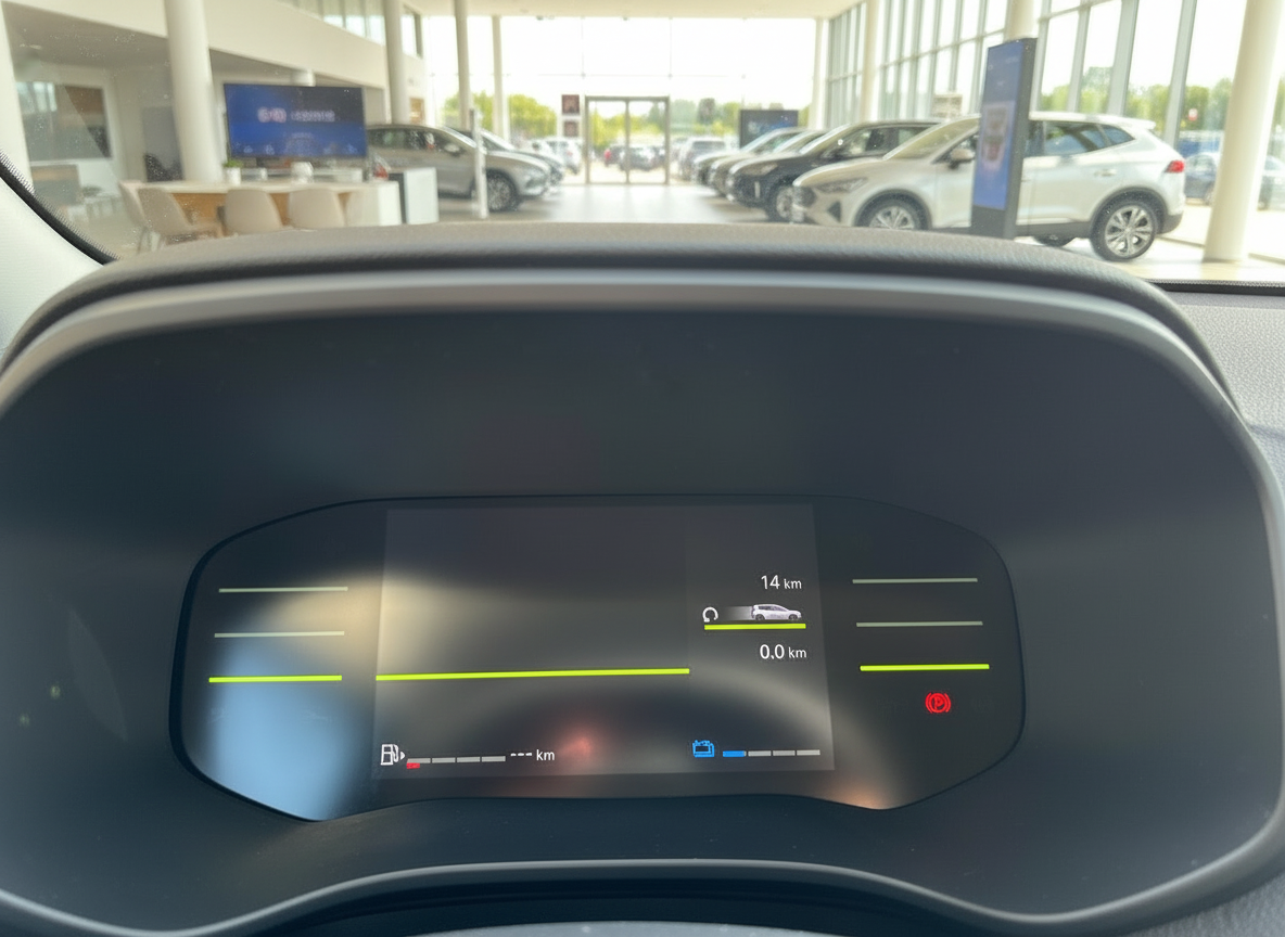 Digitales Kombiinstrument eines Hybridfahrzeugs im Autohaus mit Reichweitenanzeige