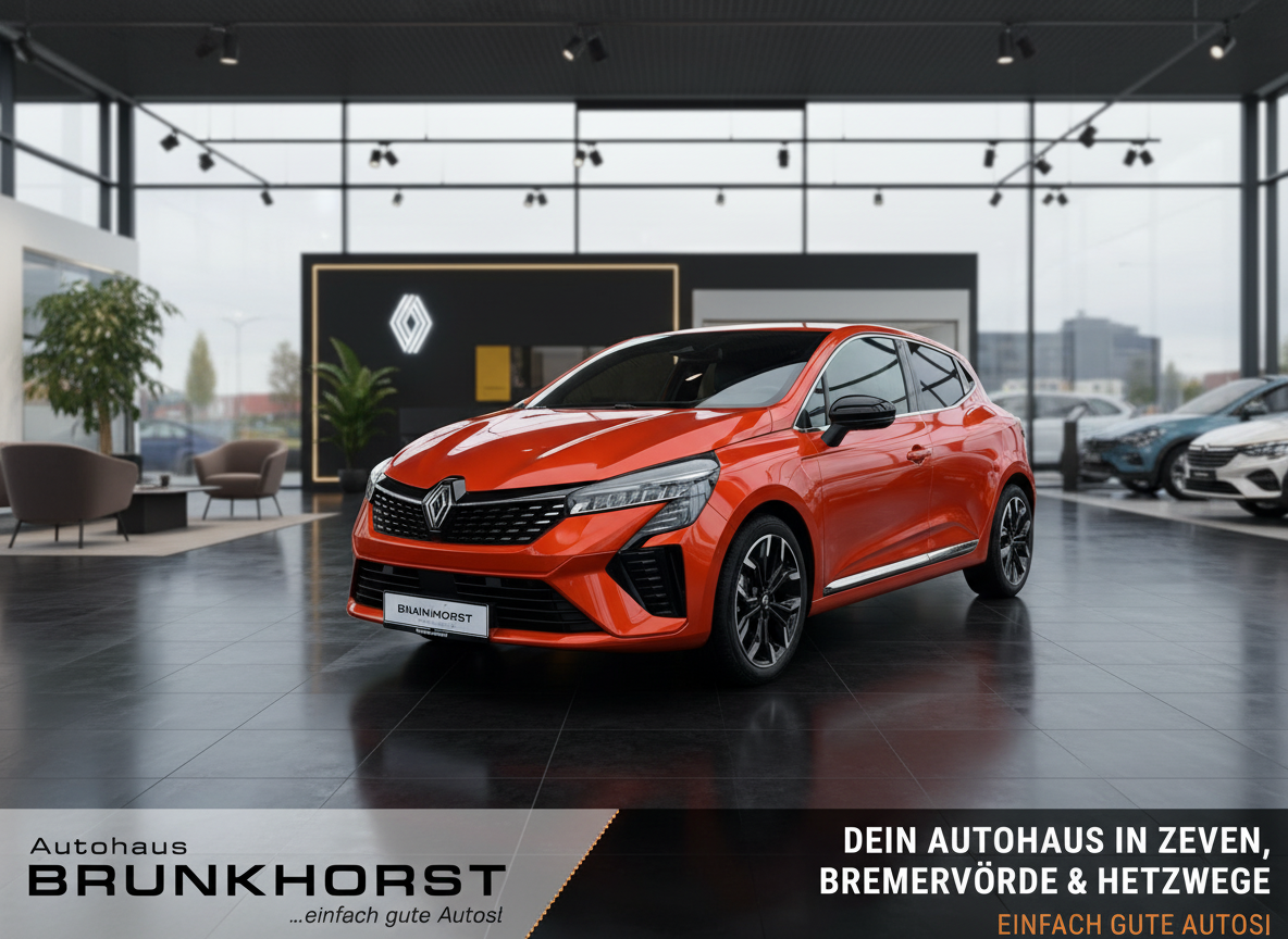 Neuer Renault Clio in Orange-Rot im Autohaus Brunkhorst Showroom in Zeven, Bremervörde und Hetzwege - Frontansicht des sportlichen Kleinwagens mit modernem Design und schwarzen Felgen