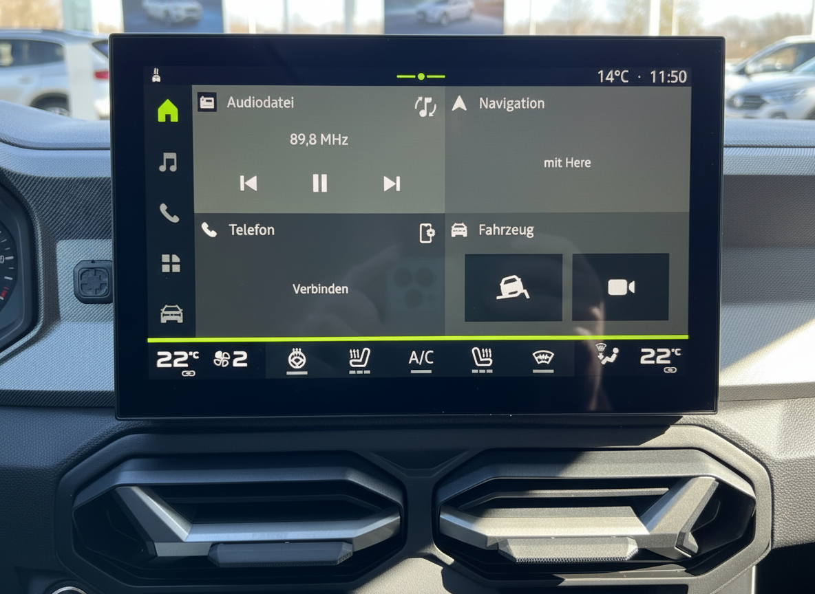 Skoda Infotainment-Bildschirm mit Navigation, Radio 89,8 MHz und Klimasteuerung 22°C