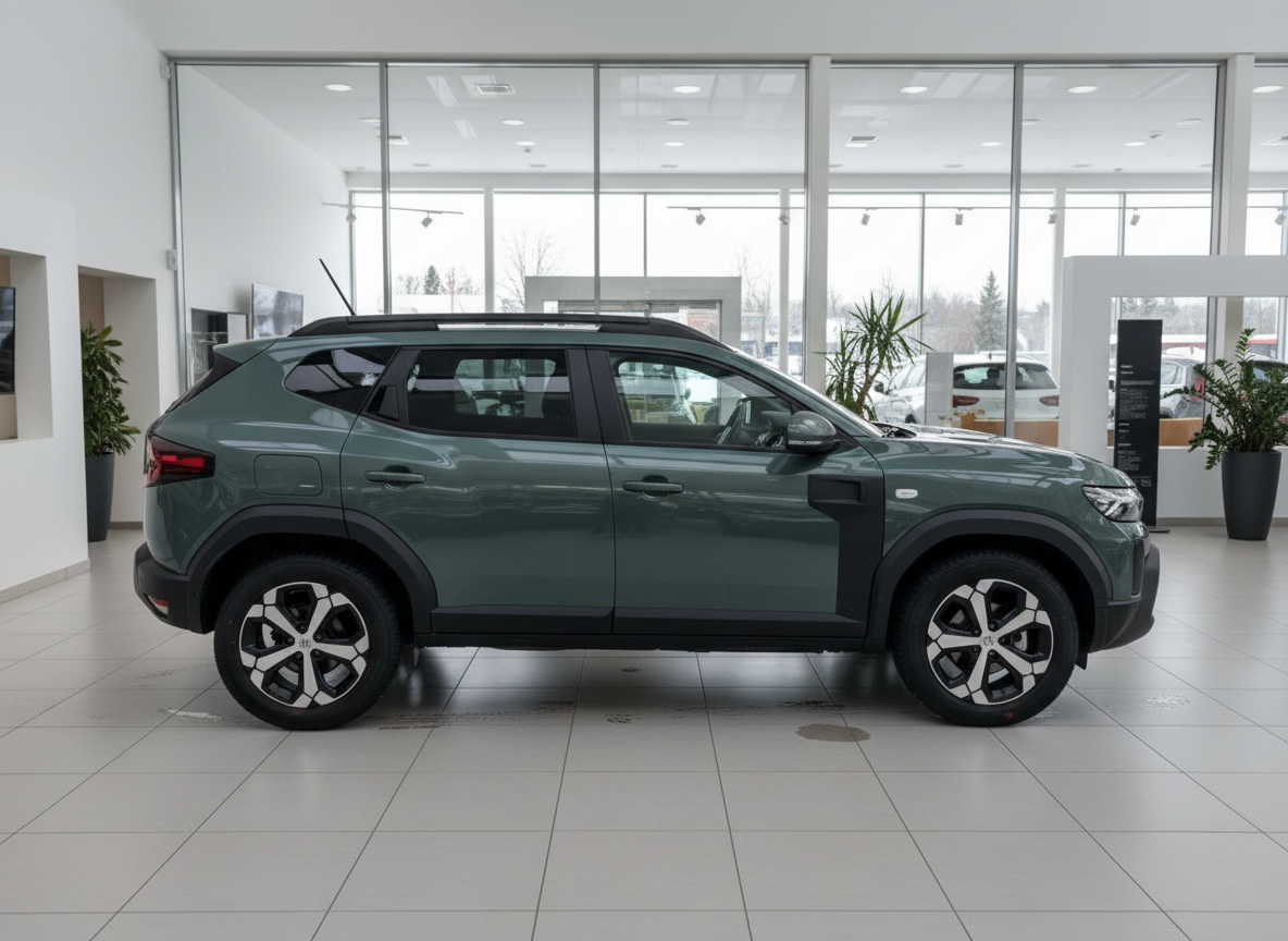 Dacia Duster SUV in Grün Seitenansicht im Autohaus Showroom