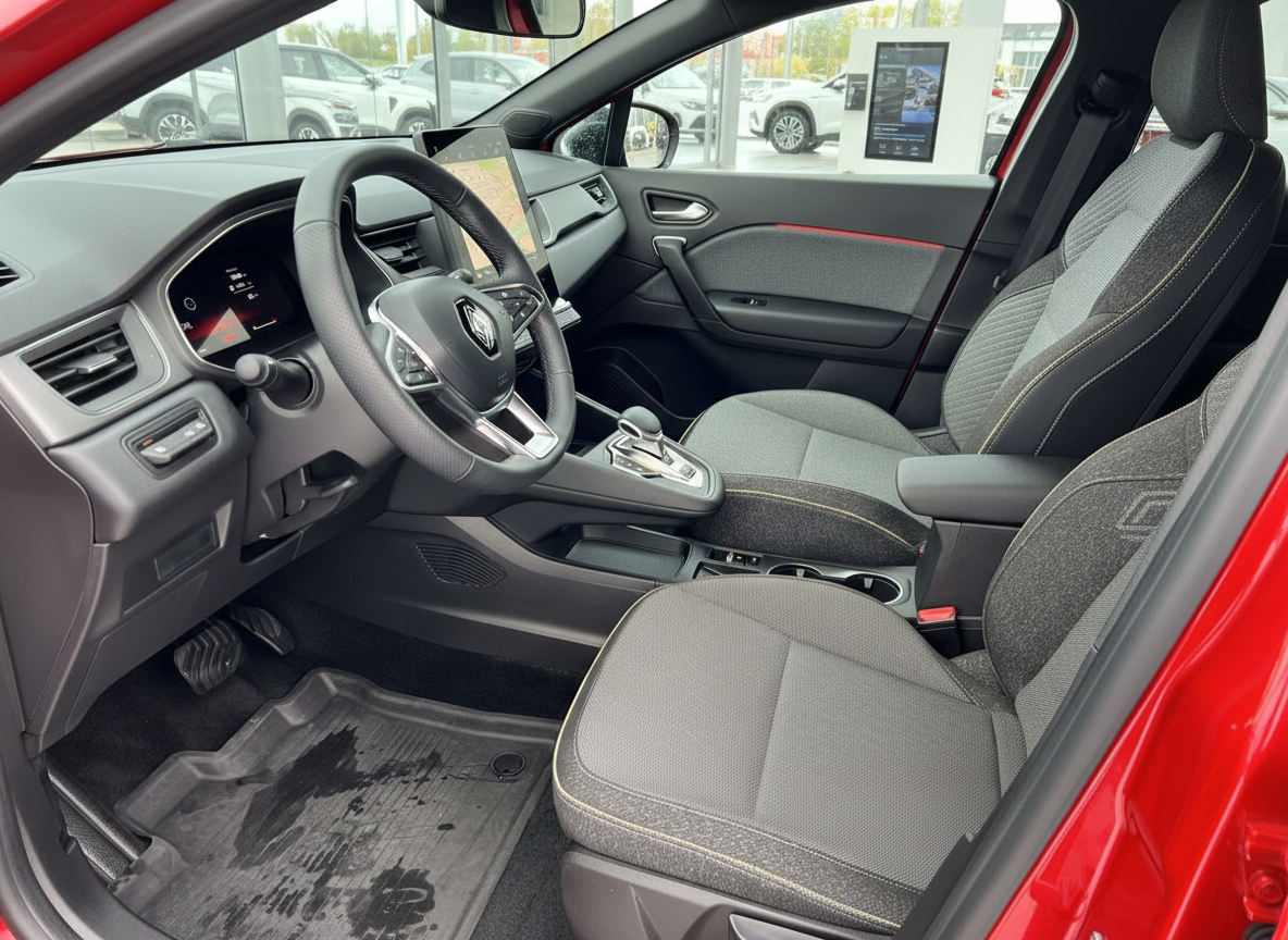 Renault Clio Innenraum rot – Fahrersitz, Lenkrad und modernes Cockpit in Schwarz