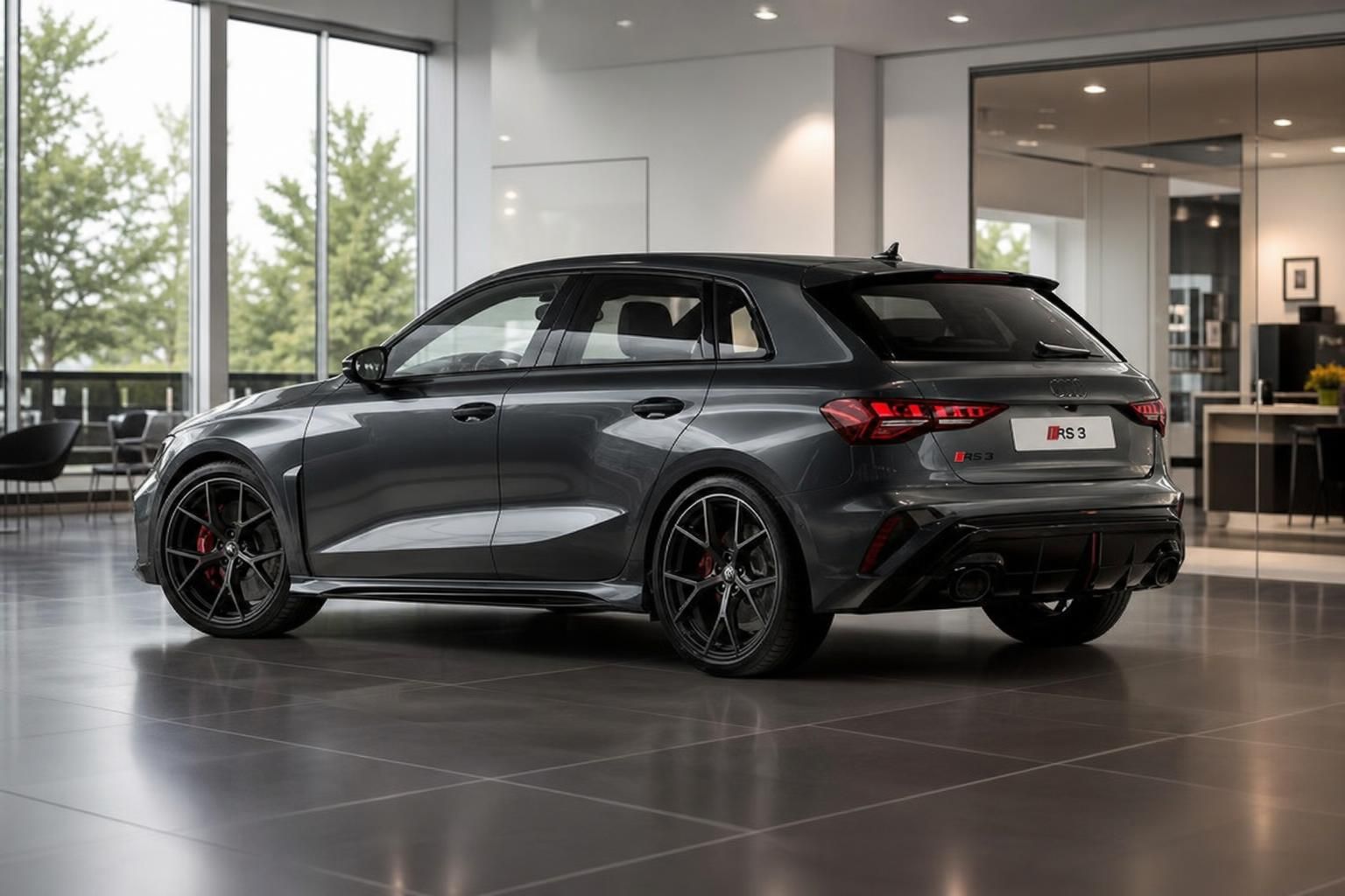 Audi RS3 Sportback grau, Heckansicht mit Sportauspuff im Showroom