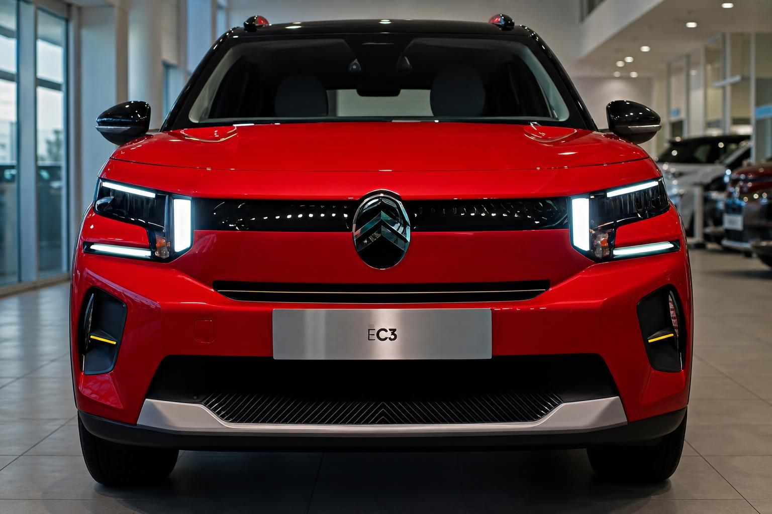 Citroën ë-C3 in Rot, Frontansicht im Showroom