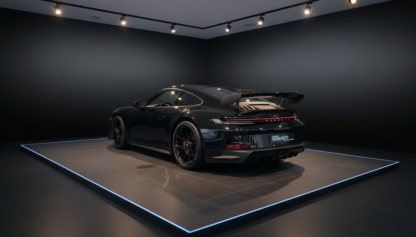 Schwarzer Porsche 911 GT3 Heckansicht in dunklem Showroom mit Spoiler und roten Bremssätteln
