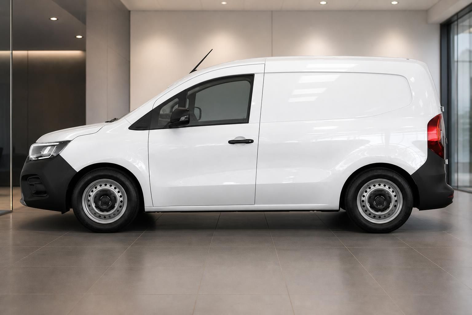 Weißer Transporter im Showroom - Seitenansicht mit Stahlfelgen