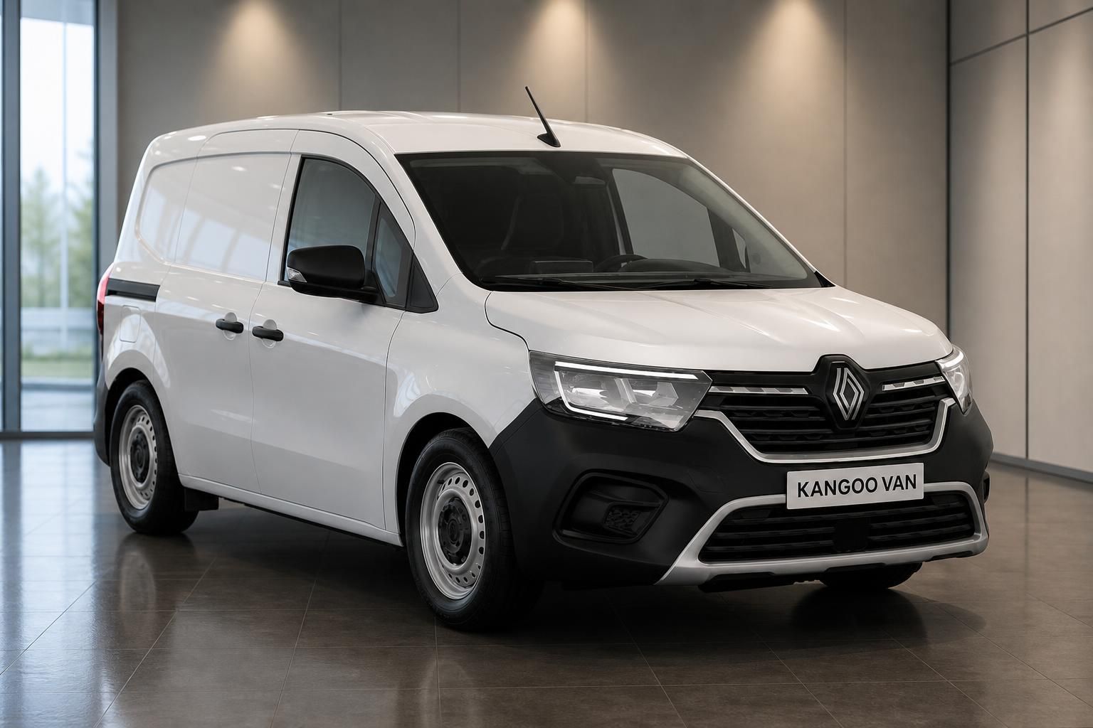 Renault Kangoo Van weißer Transporter Frontansicht im Showroom - Nutzfahrzeug für Gewerbe
