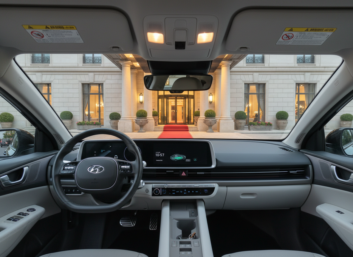 Hyundai Ioniq Innenraum mit digitalem Cockpit und Touchscreen-Display, Blick durch Windschutzscheibe auf elegantes Hotelgebäude mit rotem Teppich am Eingang