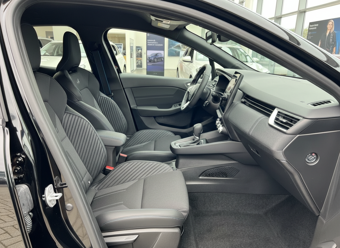 Renault Clio Innenraum mit schwarzen Sportsitzen, Mittelkonsole und modernem Infotainment-Display
