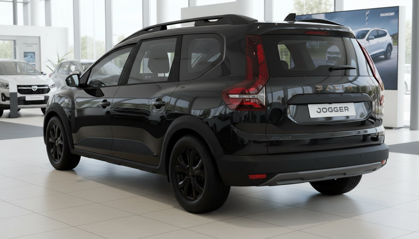 Schwarzer Dacia Jogger Heckansicht im Autohaus Showroom mit dunklen Felgen