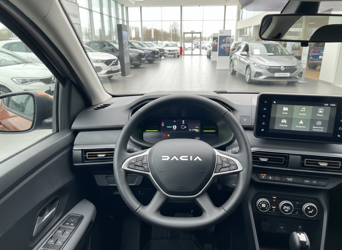Dacia Innenraum mit Lenkrad, digitalem Cockpit und Touchscreen im Autohaus