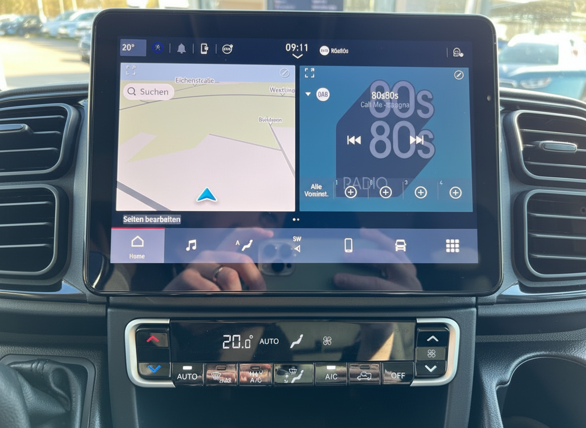Fahrzeug-Infotainmentsystem mit Navigationskarte und DAB-Radio 80s80s Innenraumaufnahme