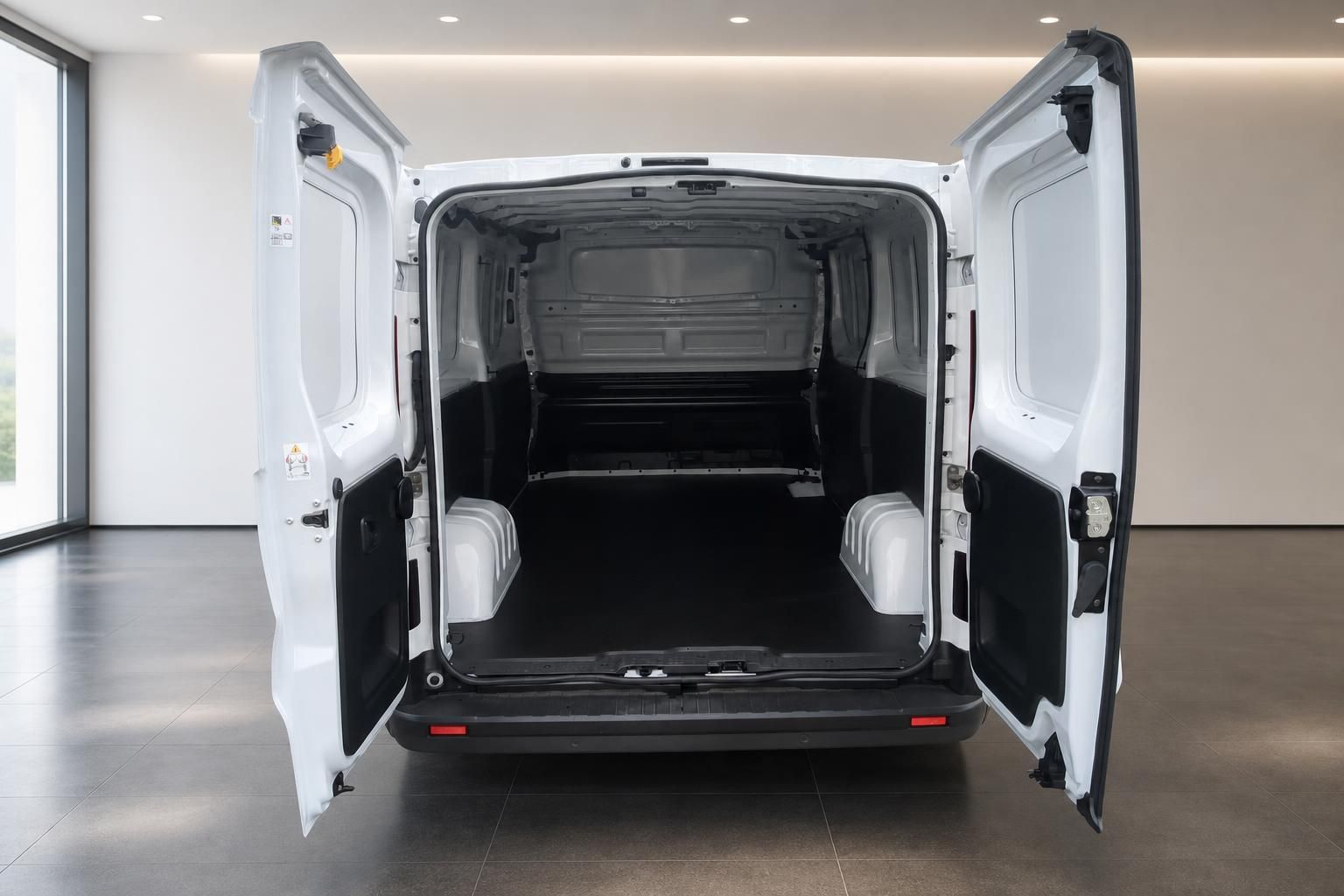 Transporter mit geoeffneten Hecktueren und leerem Laderaum von hinten