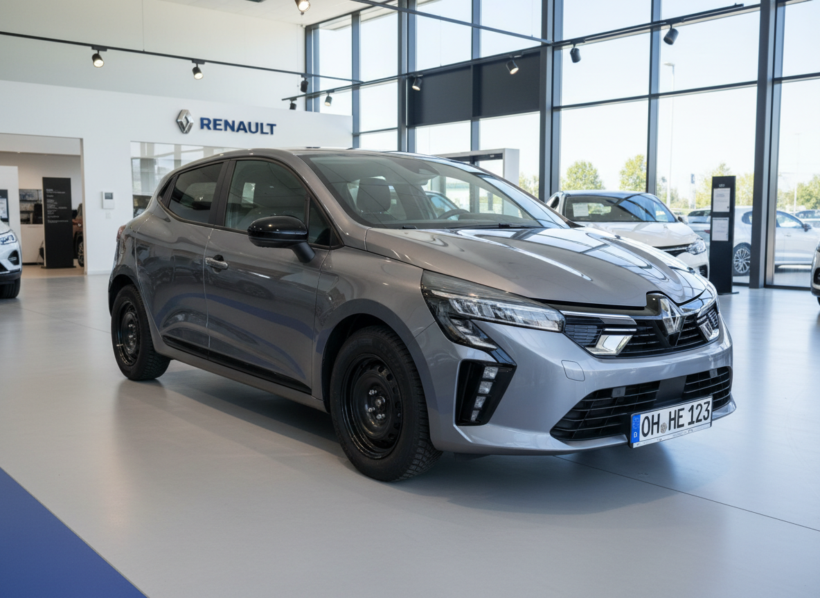 Renault Clio 5 in Grau im Autohaus Showroom – Frontansicht schräg links