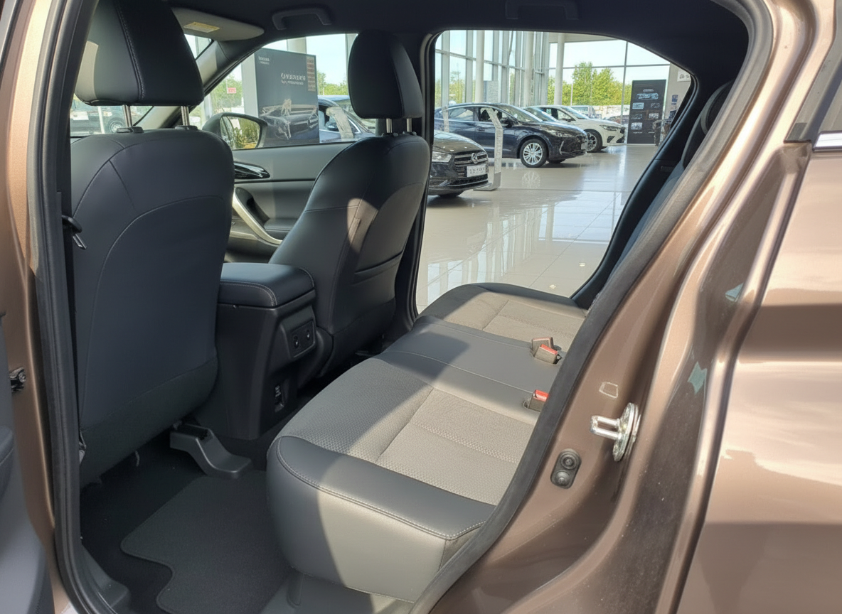 Rücksitzbank mit Stoffbezügen im Innenraum eines bronzefarbenen SUV im Autohaus