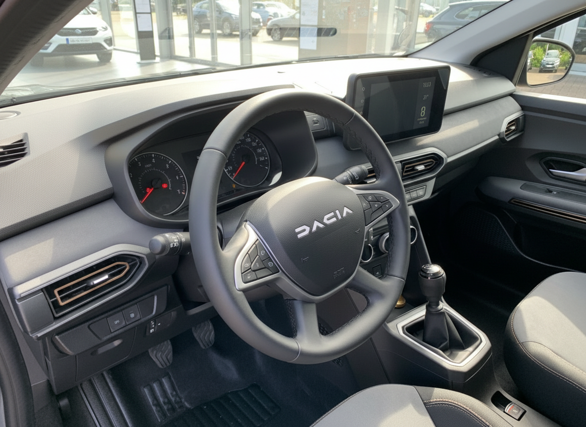 Dacia Innenraum mit Lenkrad, Schaltgetriebe und Touchscreen-Infotainmentsystem