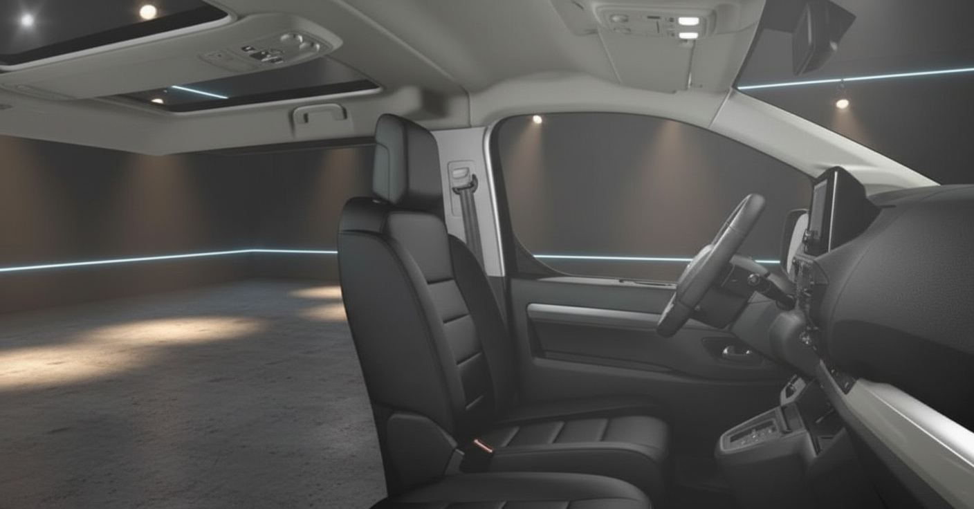 Fahrzeug Innenraum mit schwarzen Ledersitzen, Lenkrad und moderner Mittelkonsole