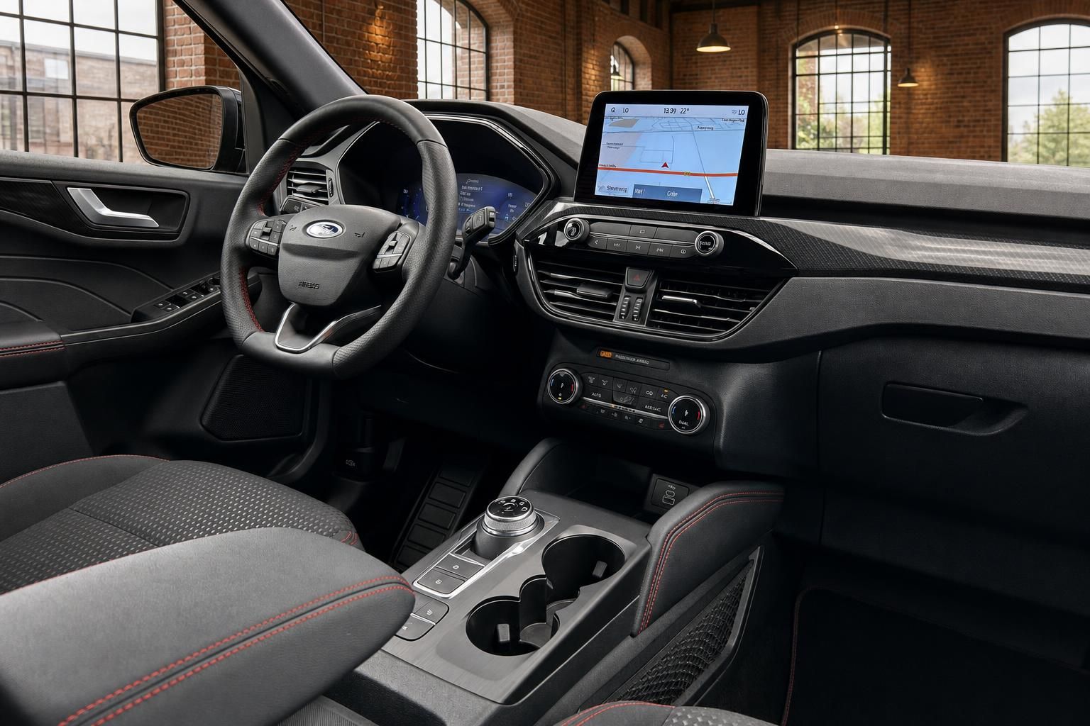 Ford Innenraum mit Cockpit, Lenkrad und Navigationsdisplay