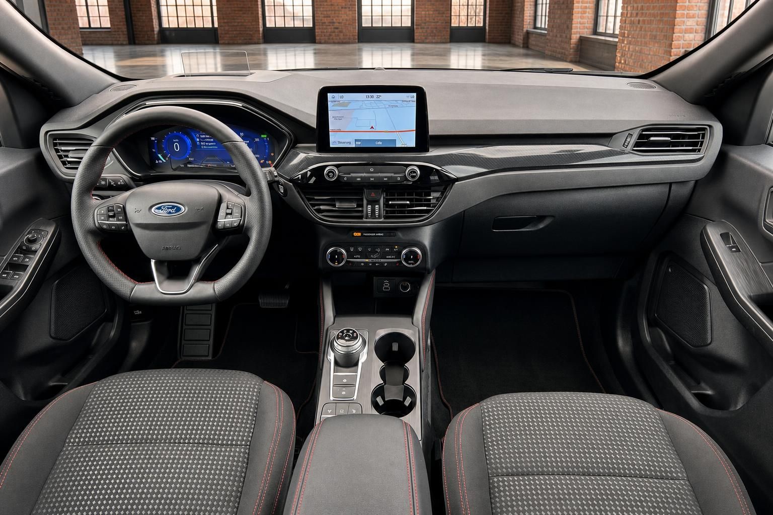 Ford Cockpit Frontansicht mit Lenkrad und Touchscreen