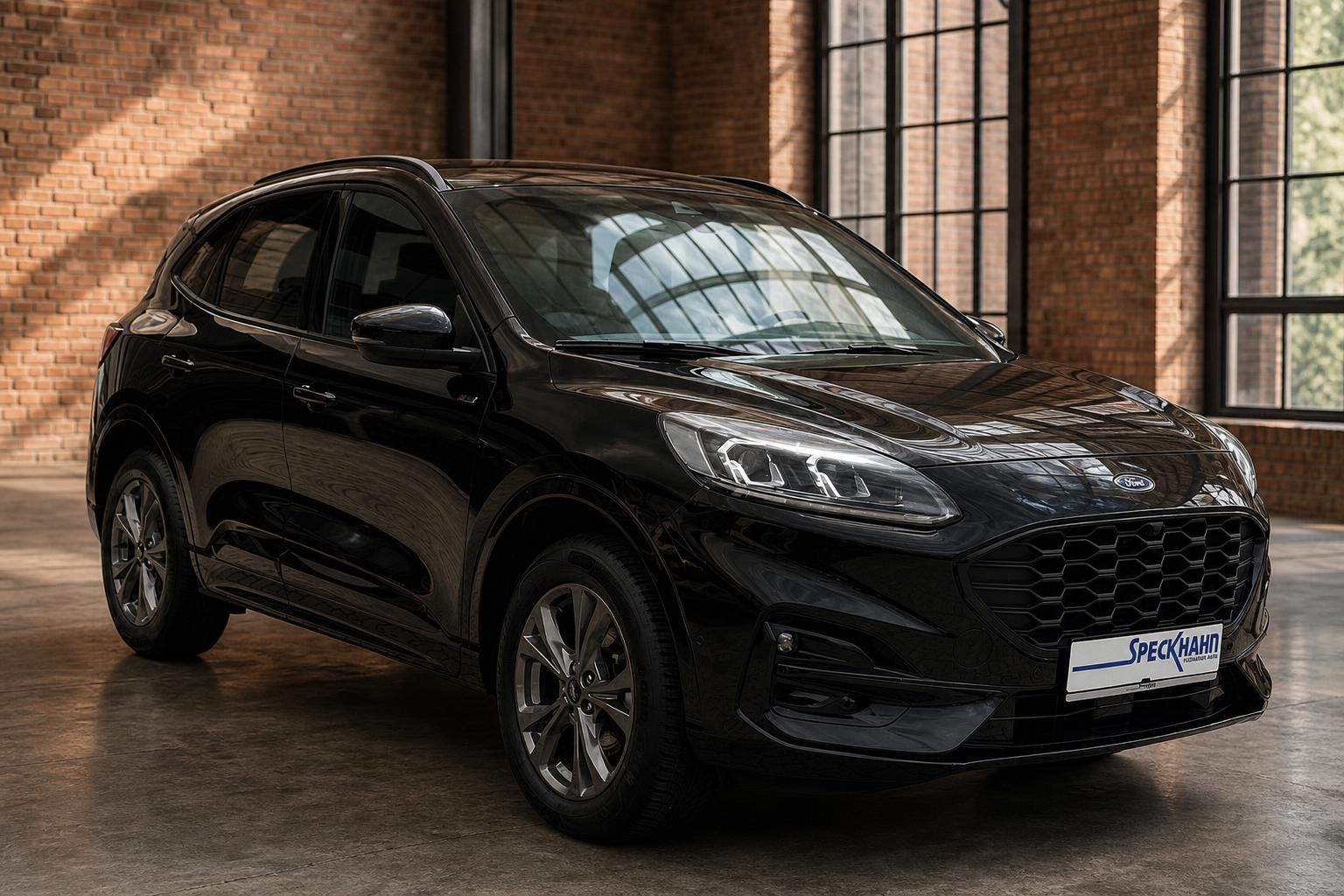 Ford Kuga schwarz Frontansicht seitlich vor Fenstern