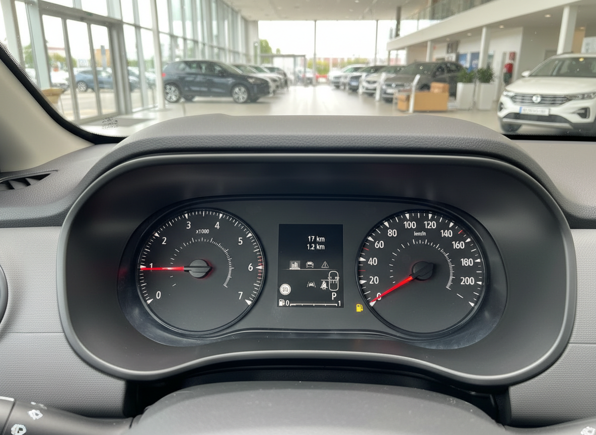 Fahrzeug-Cockpit mit Tachometer und Drehzahlmesser im Autohaus, 17 km Kilometerstand