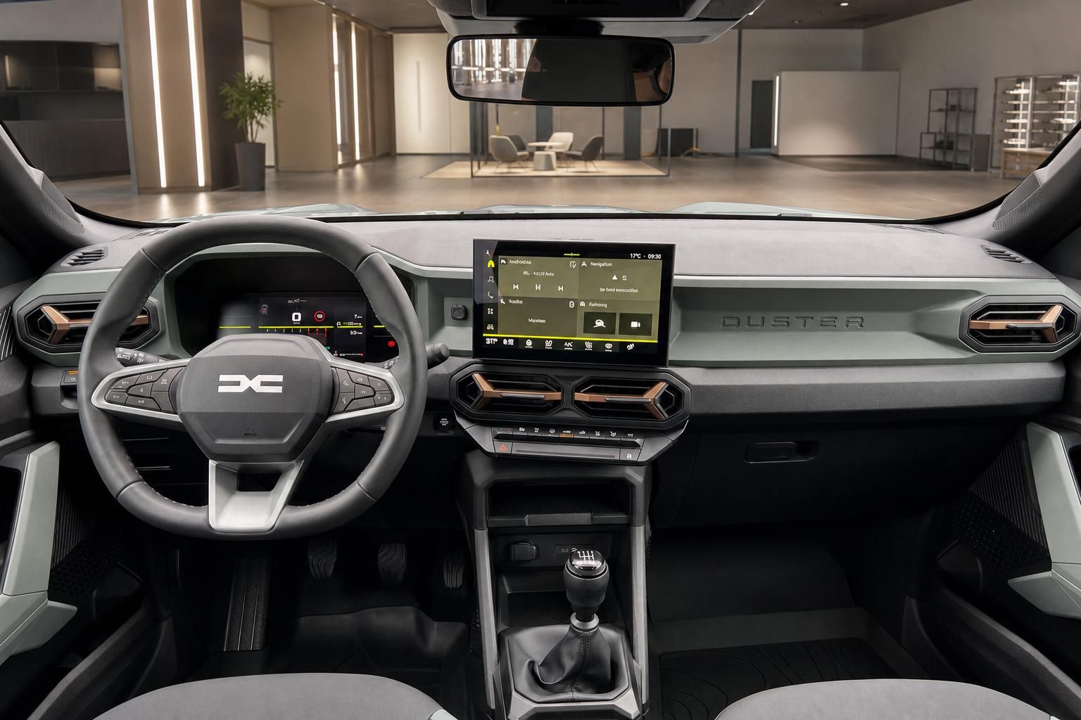 Modernes Fahrzeug-Cockpit mit digitalem Display und Duster-Schriftzug am Armaturenbrett