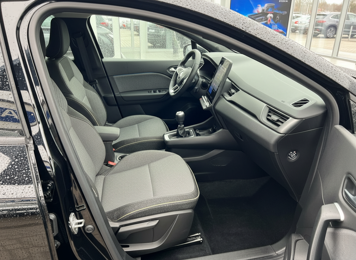 Renault Clio Innenraum mit grauem Stoffsitzen, Mittelkonsole und modernem Touchscreen-Infotainmentsystem