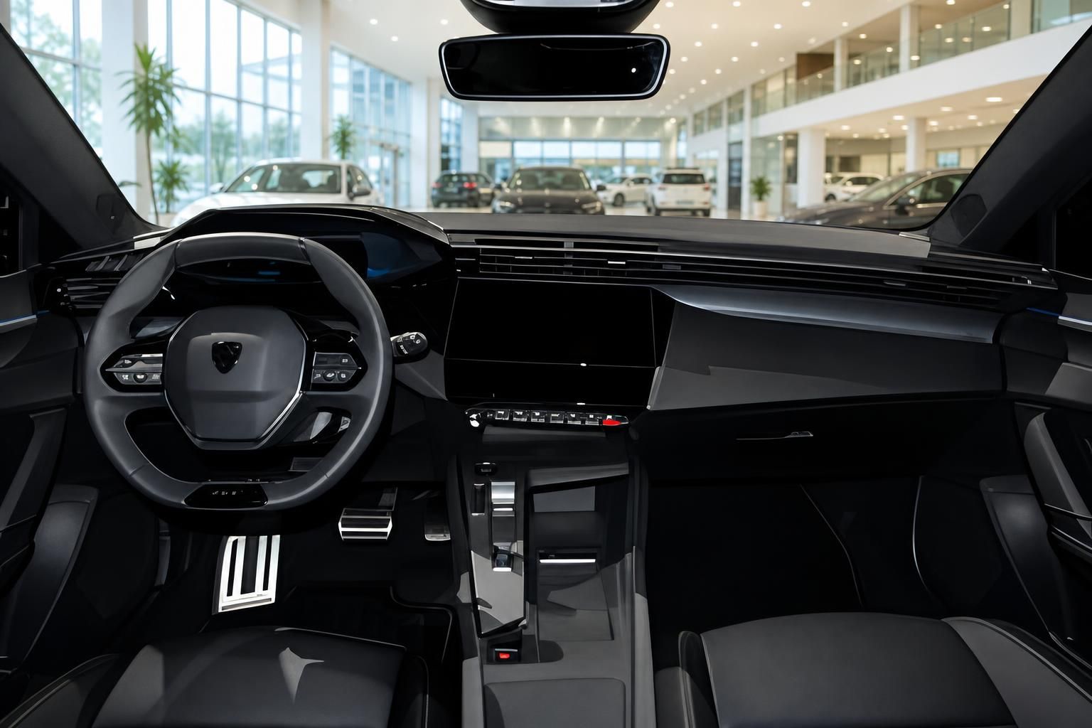Peugeot Cockpit Innenraum mit Lenkrad und Armaturenbrett im Showroom