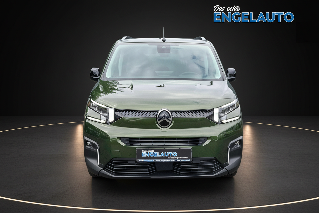 Citroën Berlingo Frontansicht in Khaki-Grün metallic mit LED-Scheinwerfern und modernem Kühlergrill bei Engelauto Händler