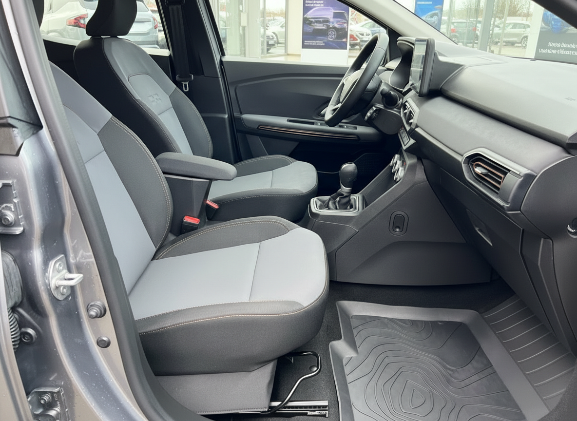 Dacia Sandero Innenraum Fahrersitz mit grau-schwarzer Polsterung und manuellem Getriebe