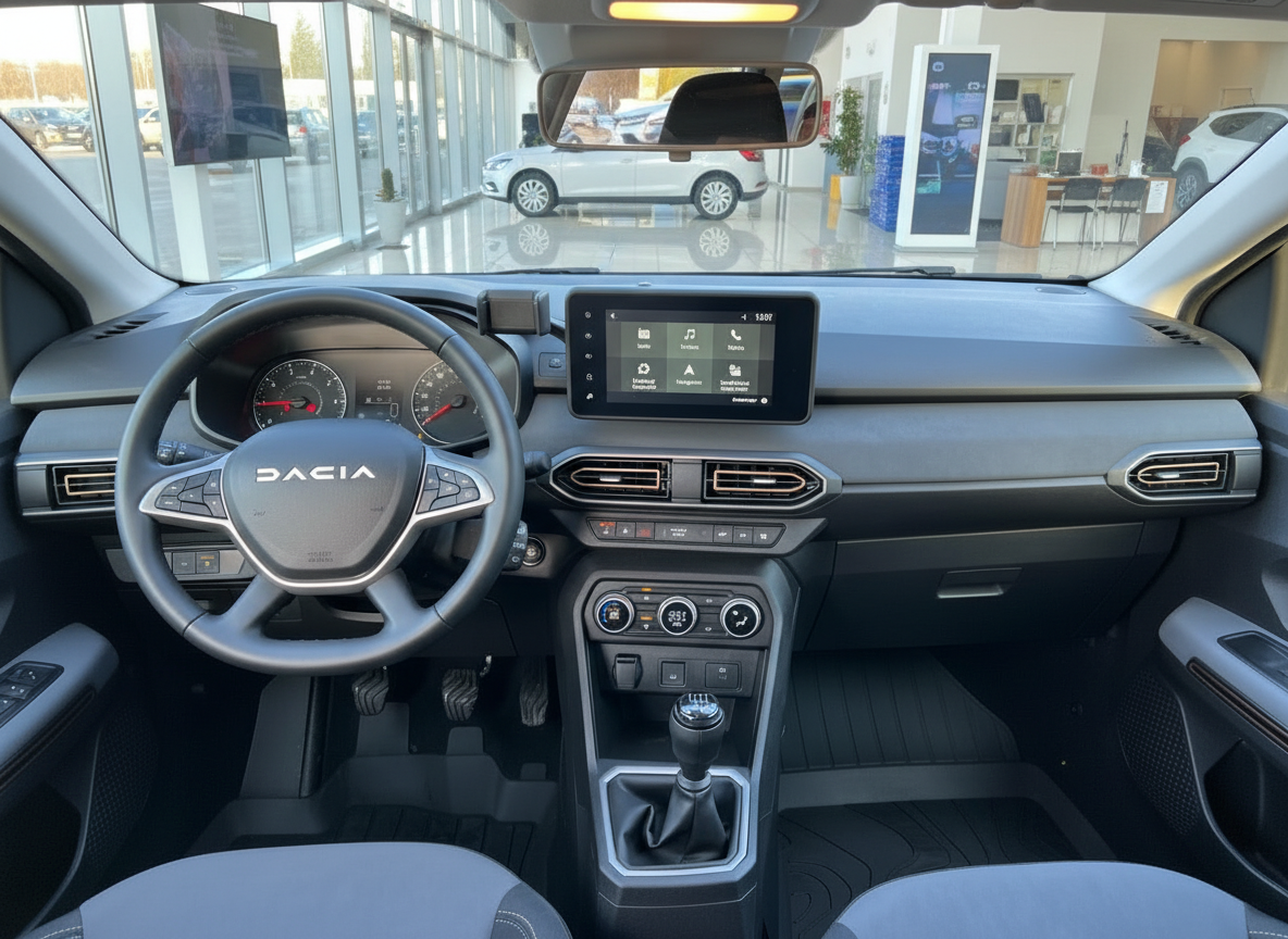 Dacia Sandero Innenraum Cockpit mit Touchscreen Infotainment und Schaltgetriebe im Autohaus