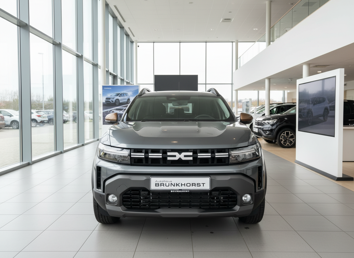 Dacia Duster SUV Frontansicht grau im Autohaus Brunkhorst Showroom