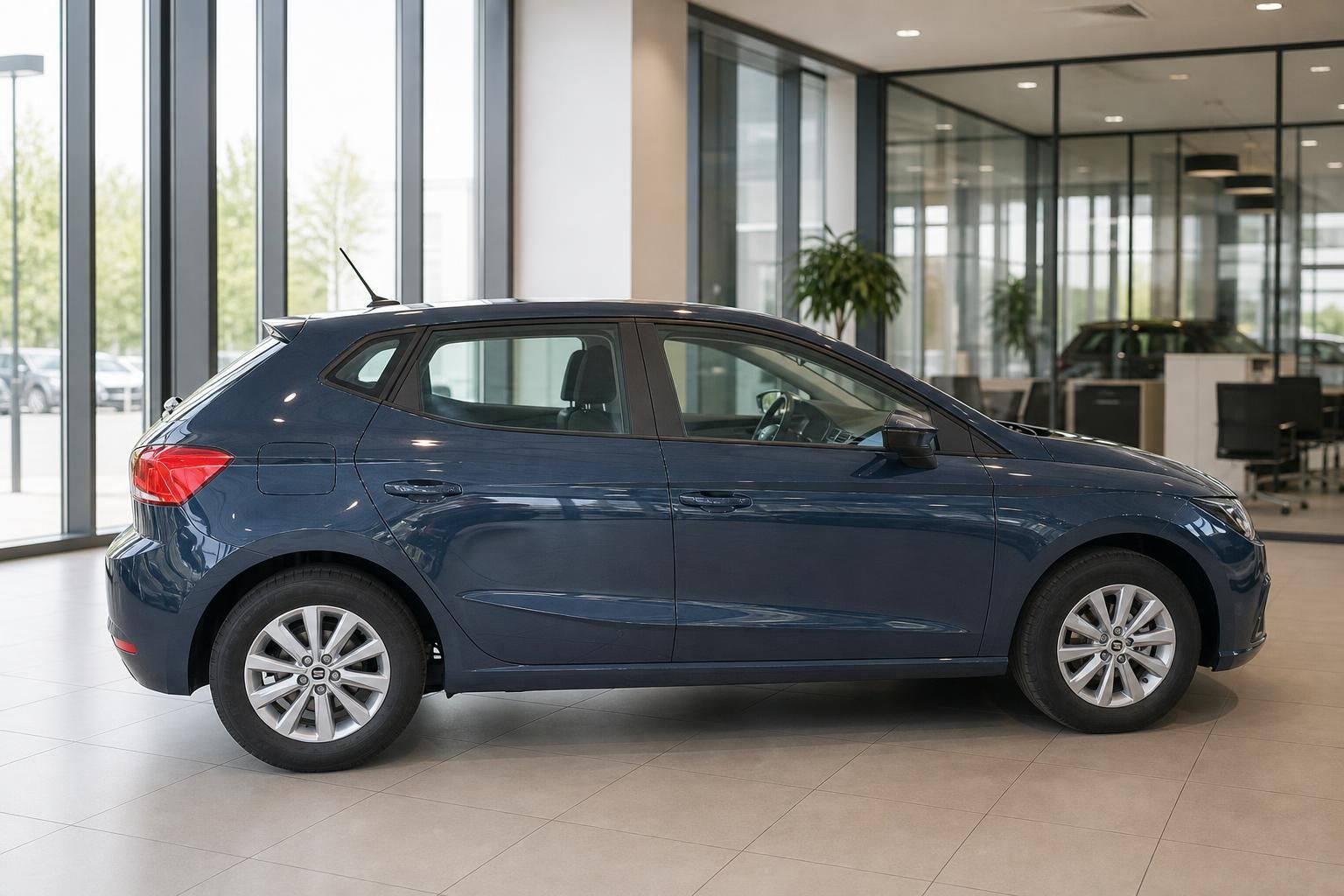 SEAT Ibiza blau metallic Seitenansicht rechts im Autohaus – 5-Türer Kleinwagen