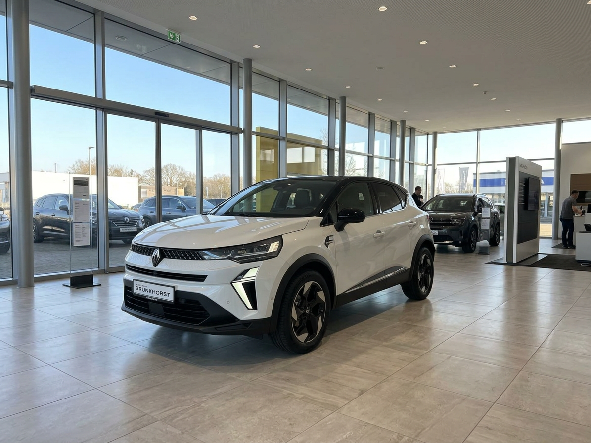 Weißer Renault Captur im Autohaus Brunkhorst Showroom, moderne SUV-Frontansicht
