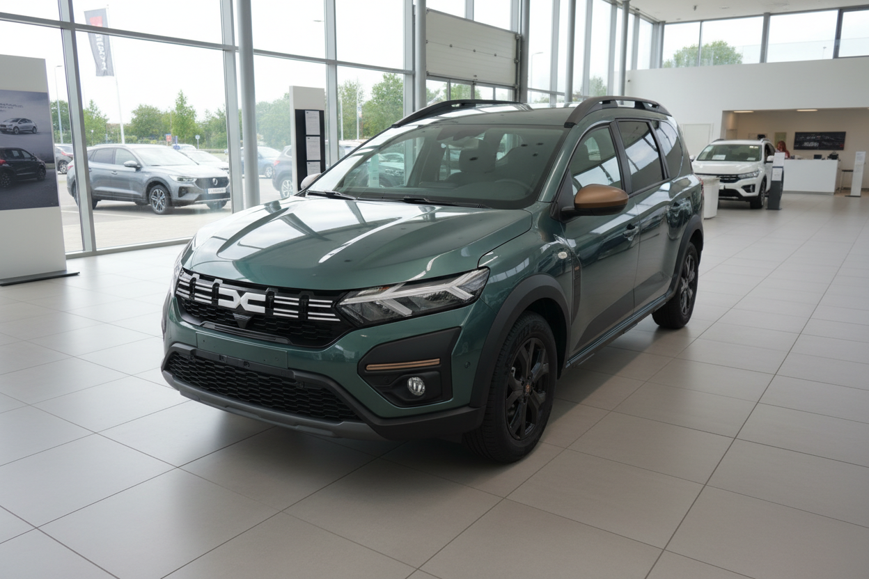 Dacia Jogger in Dunkelgrün im Autohaus Showroom – Frontansicht mit Kupfer-Akzenten