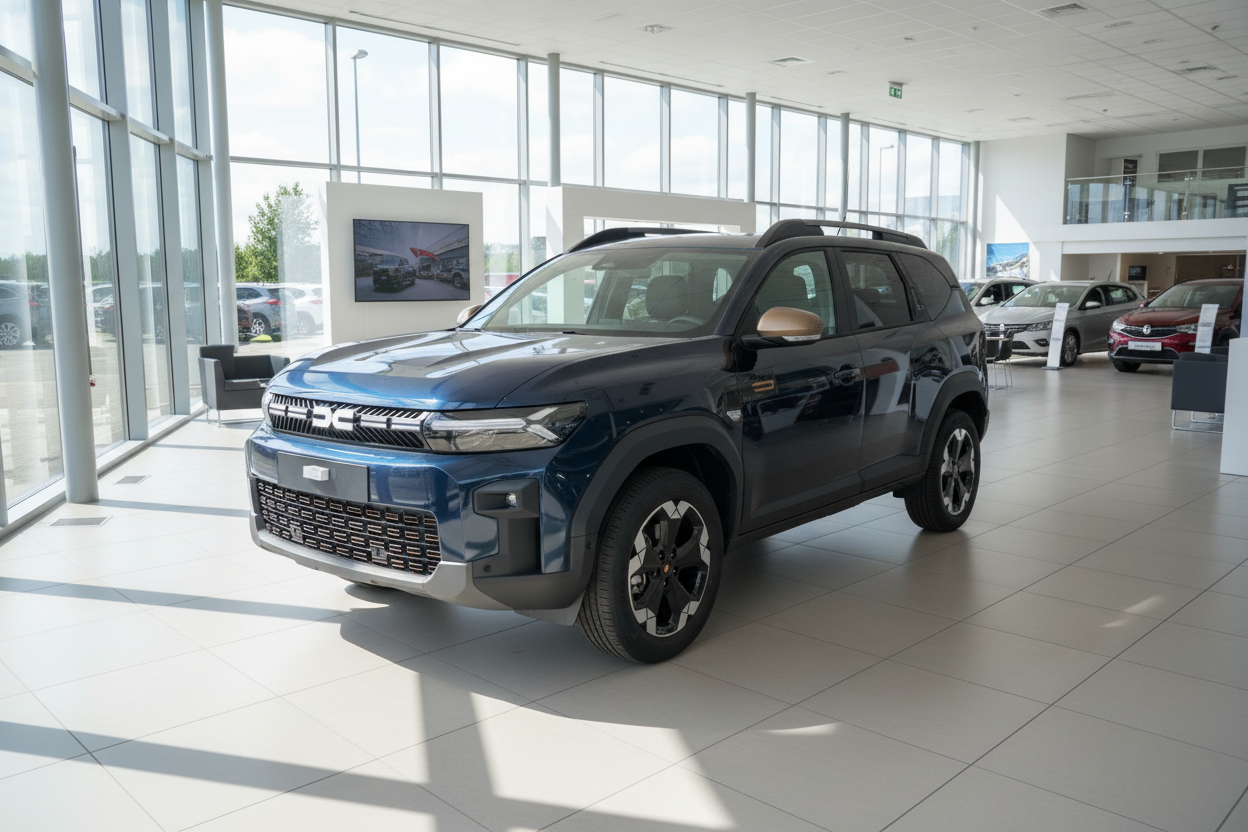 Blauer SUV im Autohaus Showroom – Frontansicht schräg links