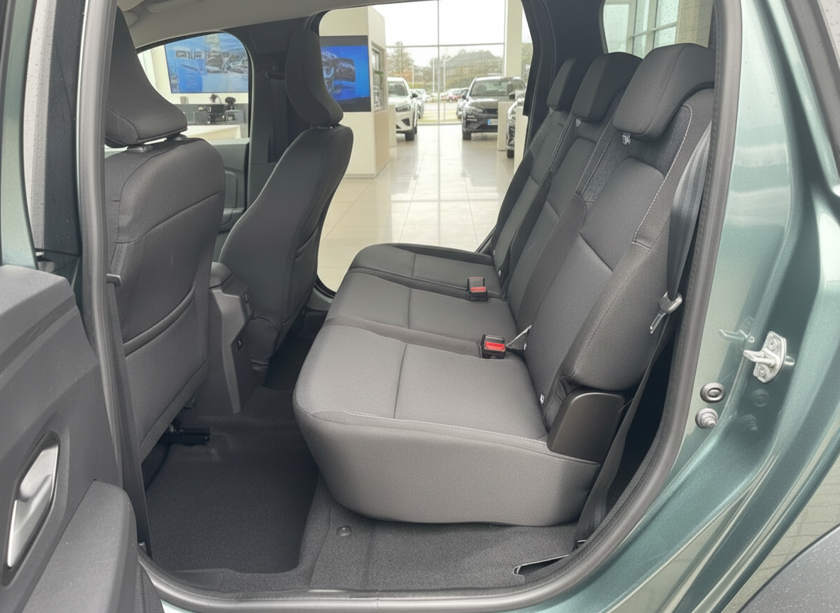 Geräumiger Fond-Bereich eines grünen SUV mit schwarzen Stoffsitzen im Autohaus