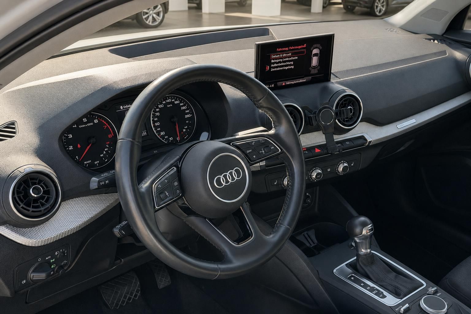 Audi Q2 Innenraum Cockpit mit Lenkrad Tacho und MMI-Display Fahrerseite