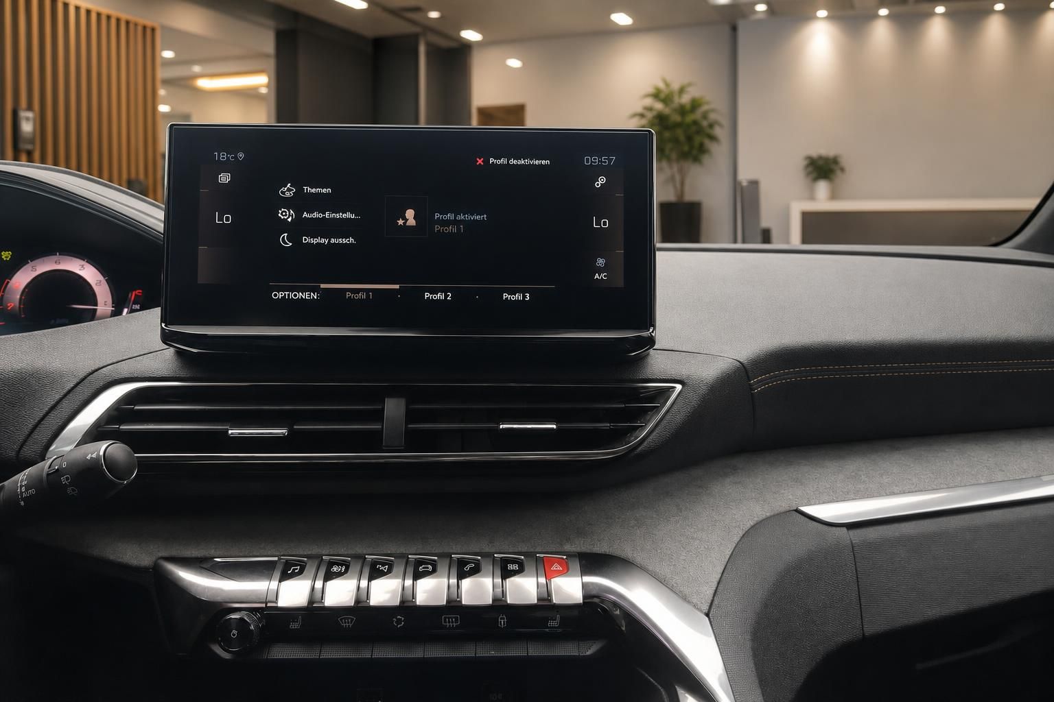 Touchscreen Infotainment Display im Peugeot Cockpit mit Profileinstellungen