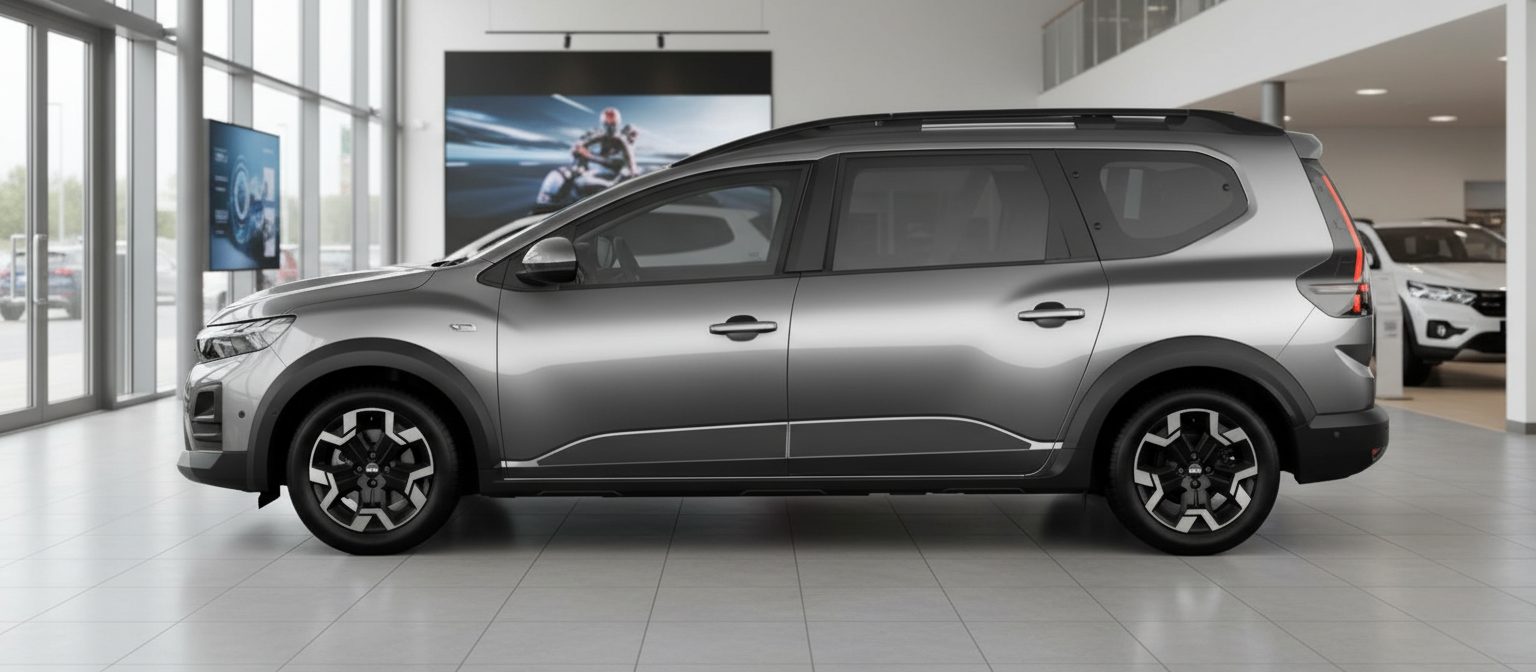 Dacia Jogger in Grau Seitenansicht im Autohaus Showroom